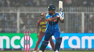 AP : Sanju Samson plays a shot square of the wicket during the T20 World Cup match between India and West Indies in Kolkata.