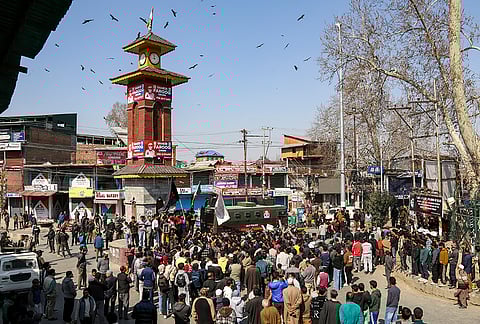 People from the Muslim community take out a protest march from Gangoo against the killing of Iran's Supreme Leader Ayatollah Ali Khamenei in US-Israel strikes, in Pulwama.