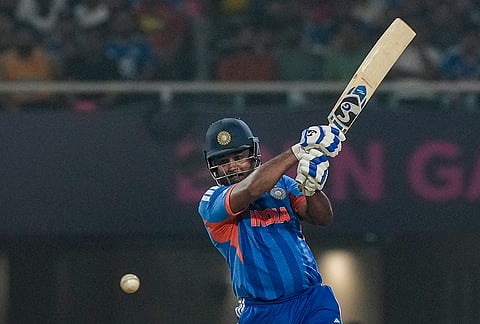 India's Sanju Samson plays a shot during the ICC Men's T20 World Cup 2026 cricket match between India and West Indies, at the Eden Gardens, in Kolkata, West Bengal.