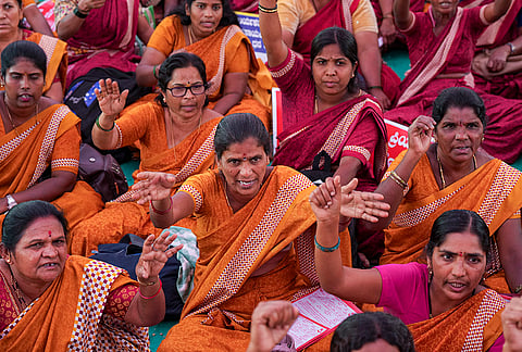 Karnataka State Anganwadi workers stage a protest demanding an increase in honorarium, at Freedom Park in Bengaluru.