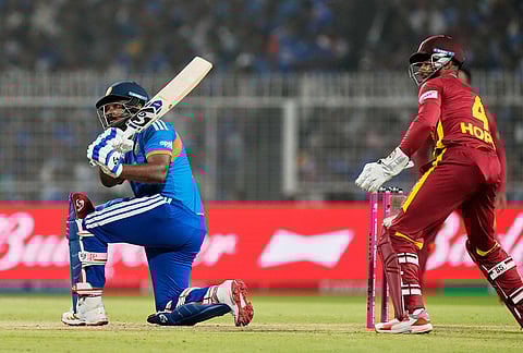 India's Sanju Samson plays a shot during the T20 World Cup cricket match between India and West Indies in Kolkata.