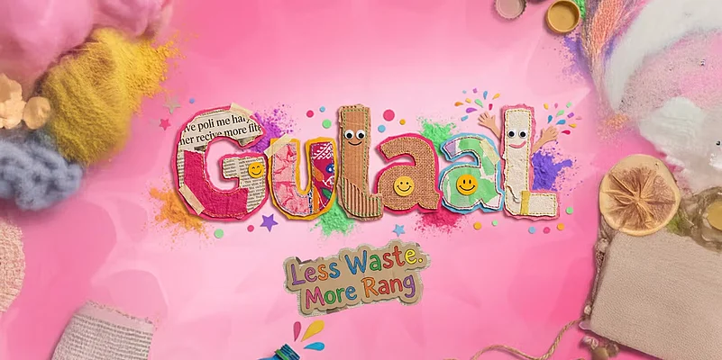 Colorful Gulaal text art on a pink background with a Less Waste More Rang slogan.