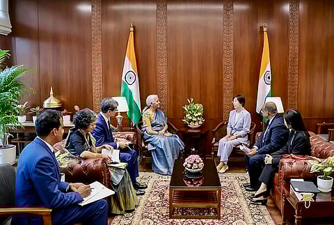 Union Finance Minister Nirmala Sitharaman interacts with Asian Infrastructure Investment Bank (AIIB) President Zou Jiayi during a meeting, in New Delhi. 