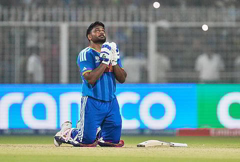 India's Sanju Samson looks to the heavens after India won the T20 World Cup cricket match against West Indies in Kolkata.
