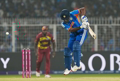 India's Sanju Samson plays a shot during the T20 World Cup cricket match between India and West Indies in Kolkata.