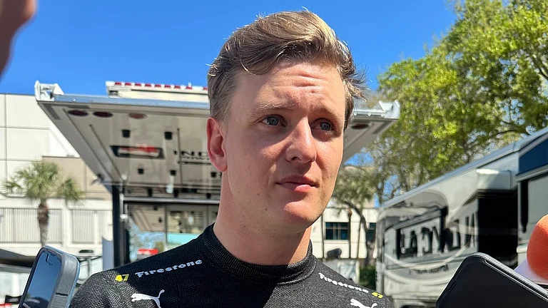 Mick Schumacher is pictured at the IndyCar race in St. Petersburg, after he was involved in a crash on the first lap of the season-opening race. - AP
