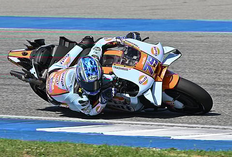 Japan's rider Ai Ogura of Trackhouse MotoGP Team steers his motorcycle during the MotoGP at the Chang International Circuit in Buriram, Thailand.