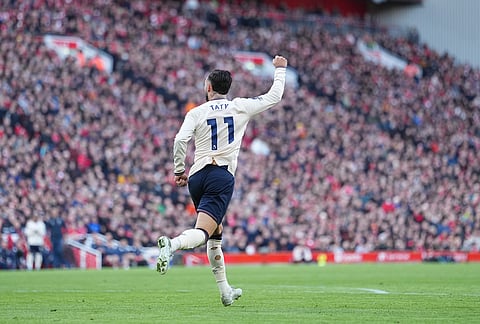West Ham's Valentín Castellanos celebrates after scoring during the Premier League soccer match between Liverpool and West Ham United in Liverpool, England.