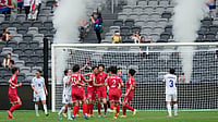| Photo: AP/Rick Rycroft : North Korean players celebrate after their second goal during the Women's Asia Cup soccer match between North Korea and Uzbekistan in Sydney, Tuesday, March 3, 2026.