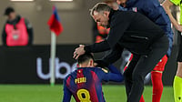 Barcelona head coach Hansi Flick consoles Pedri after Copa del Rey exit