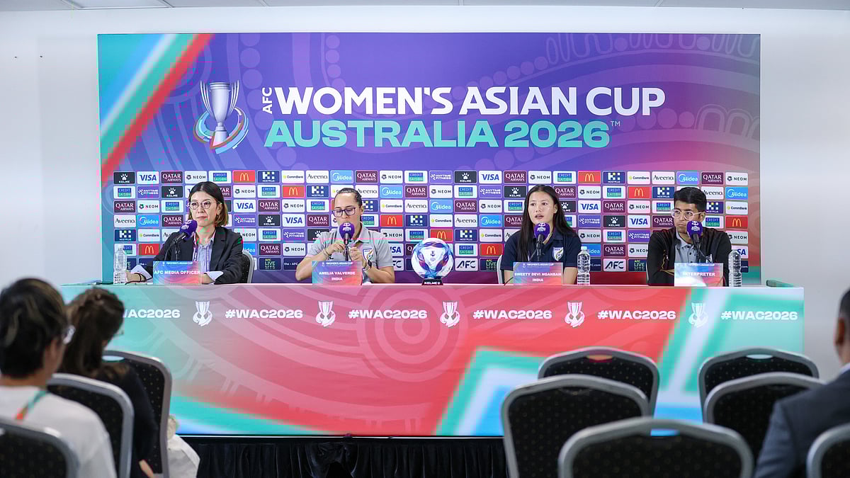 India's captain Sweety Devi and head coach Amelia Valverde at the pre-match press conference with Veitnam head coach and captain in Perth on March 3, 2026. - | Photo: AIFF