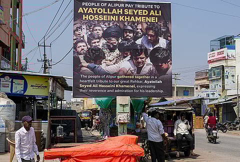 A banner put up to mourn the killing of Iran's Supreme leader Ayatollah Ali Khamenei in joint air strikes by the US and Israel, at Alipur, in Chikkaballapur district of Karnataka.