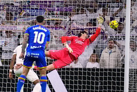 Getafe's Satriano scores the opening goal during a Spanish La Liga soccer match between Real Madrid and Getafe in Madrid, Spain.
