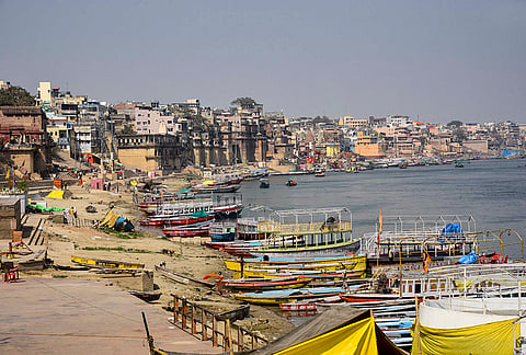 The ghats along the Ganga river wear a deserted look during the 'Sutak' period of a lunar eclipse, in Varanasi.