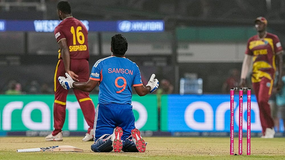 India's Sanju Samson, 9, reacts after winning in the ICC Men's T20 World Cup 2026 cricket match between India and West Indies, at the Eden Gardens, in Kolkata, West Bengal. - | Photo: PTI/Manvender Vashist Lav
