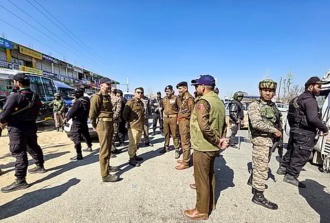 Security personnel keep vigil as strict restrictions remained imposed in Kashmir following massive protests across the valley against the killing of Iran's Supreme leader Ayatollah Ali Khamenei in joint air strikes by the US and Israel, in Sopore, Jammu and Kashmir.