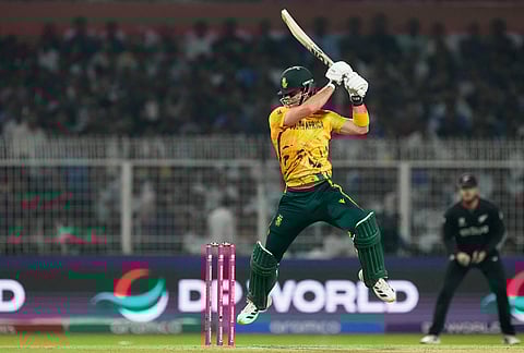 South Africa's Dewald Brevis plays a shot during the first T20 World Cup cricket semifinal match between New Zealand and South Africa in Kolkata.