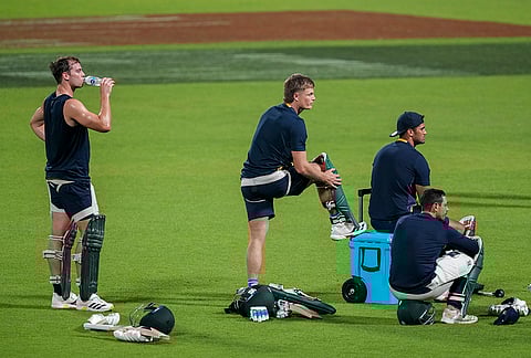 South Africa's players during a training session ahead of the ICC Men's T20 World Cup 2026 first semifinal cricket match between New Zealand and South Africa, at Eden Gardens, in Kolkata.