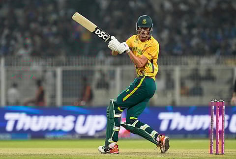 South Africa's Marco Jansen plays a shot during the first T20 World Cup cricket semifinal match between New Zealand and South Africa in Kolkata.