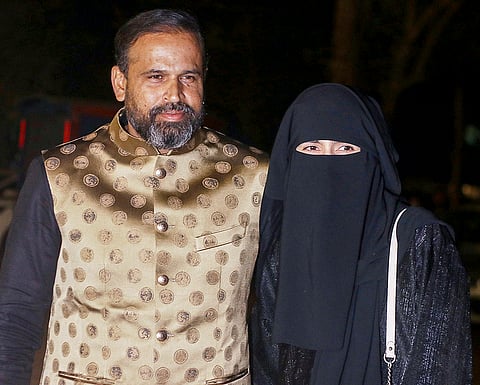 Former cricketer and TMC leader Yusuf Pathan, left, with wife during the 'mehendi and sangeet' ceremony of cricket legend Sachin Tendulkar's son Arjun Tendulkar with Saniya Chandok, in Mumbai.