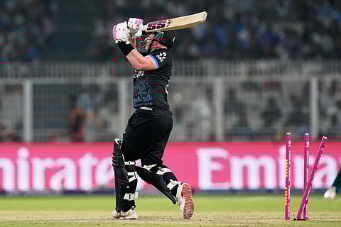 New Zealand's Tim Seifert is bowled out by South Africa's Kagiso Rabada during the first T20 World Cup cricket semifinal match between New Zealand and South Africa in Kolkata.