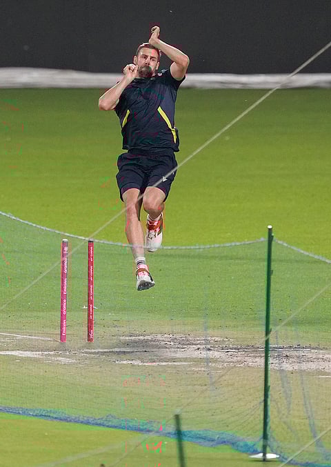 South Africa's Anrich Nortje during a training session ahead of the ICC Men's T20 World Cup 2026 first semifinal cricket match between New Zealand and South Africa, at Eden Gardens, in Kolkata.