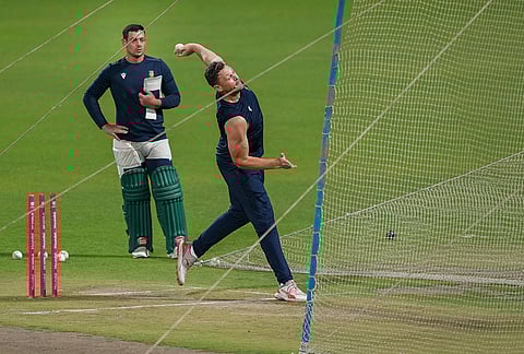 South Africa's George Linde bowls during a training session ahead of the ICC Men's T20 World Cup 2026 first semifinal cricket match between New Zealand and South Africa, at Eden Gardens, in Kolkata.