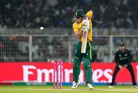 South Africa's Dewald Brevis plays a shot during the first T20 World Cup cricket semifinal match between New Zealand and South Africa in Kolkata.