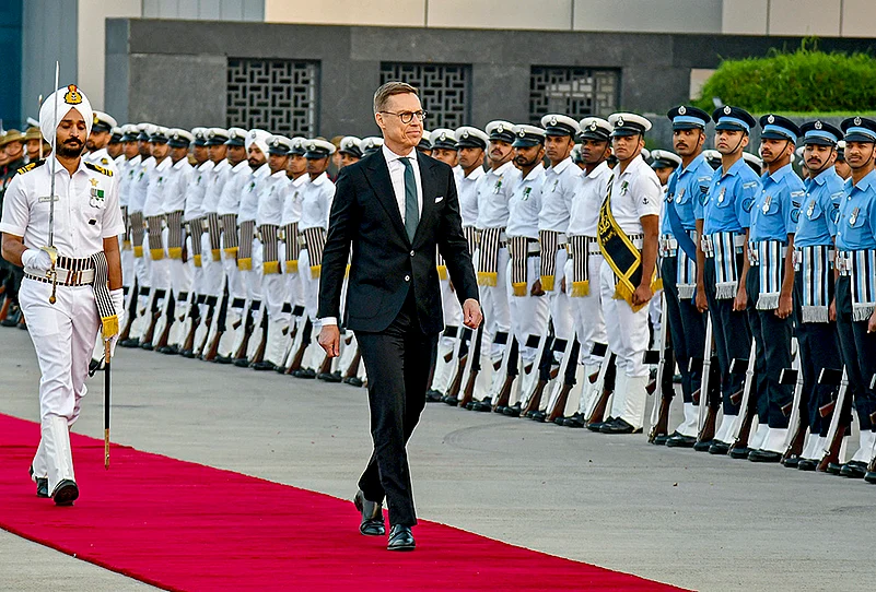 Finnish President Alexander Stubb arrives in Delhi
