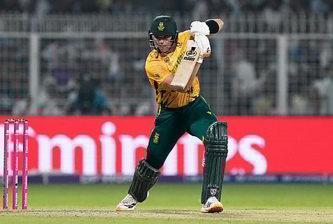 South Africa's Tristan Stubbs bats during the first T20 World Cup cricket semifinal match between New Zealand and South Africa in Kolkata.