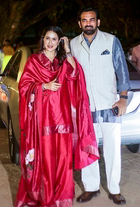 Mumbai: Former cricketer Zaheer Khan, right, with wife and actor Sagarika Ghatge during the 'mehendi and sangeet' ceremony of cricket legend Sachin Tendulkar's son Arjun Tendulkar with Saniya Chandok, in Mumbai.