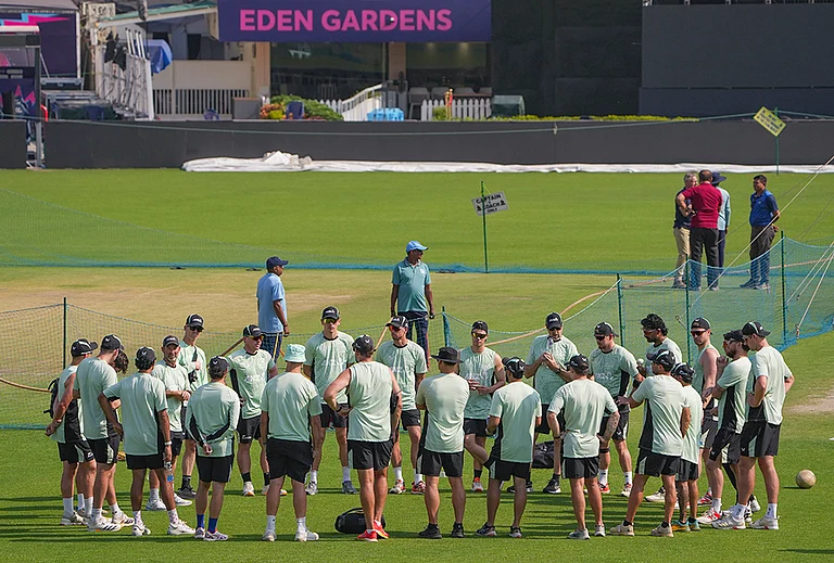 New Zealand's players during a training session ahead of the ICC Men's T20 World Cup 2026 first semifinal cricket match between New Zealand and South Africa, at Eden Gardens, in Kolkata. - | Photo: PTI/Manvender Vashist Lav