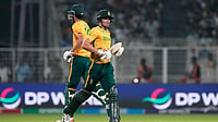 AP Photo/Bikas Das : South Africa's Tristan Stubbs, right, and batting partner Marco Jansen run between the wickets during the first T20 World Cup cricket semifinal match between New Zealand and South Africa in Kolkata, India, Wednesday, March 4, 2026. 