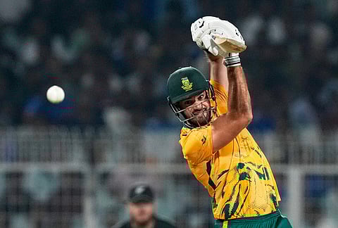 South Africa's captain Aiden Markram plays a shot during the first T20 World Cup cricket semifinal match between New Zealand and South Africa in Kolkata.