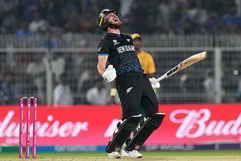 New Zealand's Finn Allen reacts after hitting the winning runs and finishing his century during the first T20 World Cup cricket semifinal match between New Zealand and South Africa in Kolkata.
