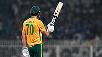 | Photo: AP/Bikas Das : South Africa's Marco Jansen celebrates his fifty runs during the first T20 World Cup cricket semifinal match between New Zealand and South Africa in Kolkata.