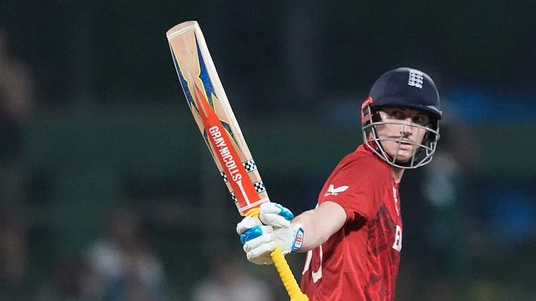 England's captain Harry Brook celebrates his fifty runs during the T20 World Cup cricket match between England and Pakistan in Pallekele, Sri Lanka. - | Photo: AP/Eranga Jayawardena