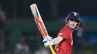 | Photo: AP/Eranga Jayawardena : England's captain Harry Brook celebrates his fifty runs during the T20 World Cup cricket match between England and Pakistan in Pallekele, Sri Lanka.