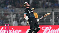 | Photo: AP/Bikas Das : New Zealand's Finn Allen reacts after hitting the winning runs and finishing his century during the first T20 World Cup cricket semifinal match between New Zealand and South Africa in Kolkata.