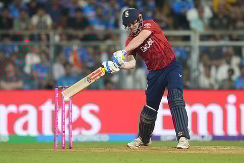 England's captain Harry Brook plays a shot during the T20 World Cup cricket semi-final match between India and England in Mumbai, India.