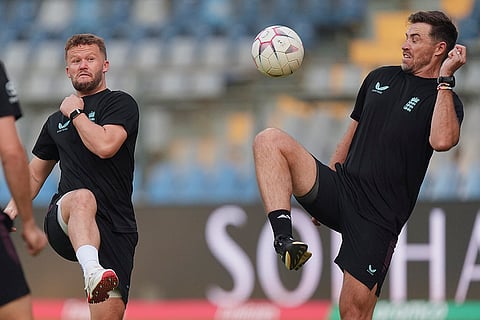 England's Ben Duckett and bowling consultant Tim Southee during a training session ahead of the ICC Men's T20 World Cup 2026 second semifinal cricket match between India and England at Wankhede Stadium, in Mumbai