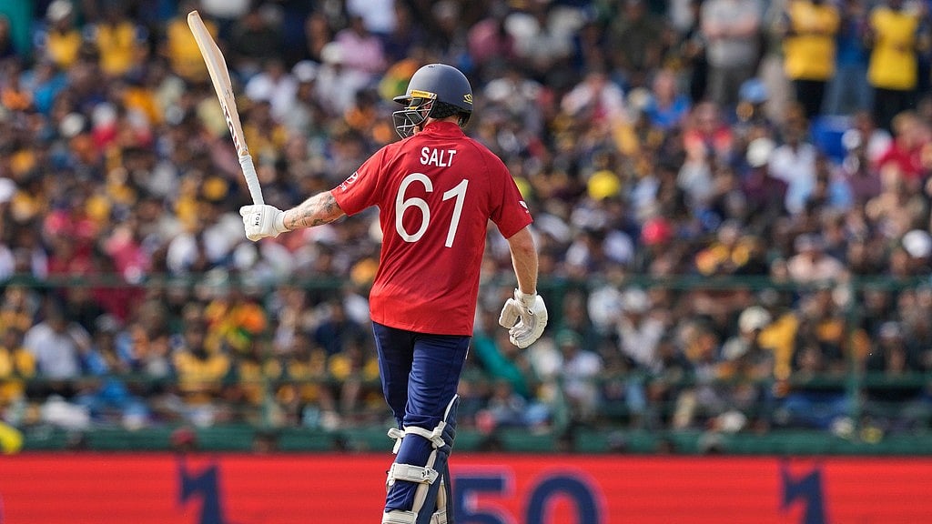AP Photo/Eranga Jayawardena : England's Phil Salt celebrates his fifty runs during the T20 World Cup cricket match between Sri Lanka and England in Pallekele, Sri Lanka, Sunday, Feb. 22, 2026. 