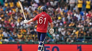AP Photo/Eranga Jayawardena : England's Phil Salt celebrates his fifty runs during the T20 World Cup cricket match between Sri Lanka and England in Pallekele, Sri Lanka, Sunday, Feb. 22, 2026.