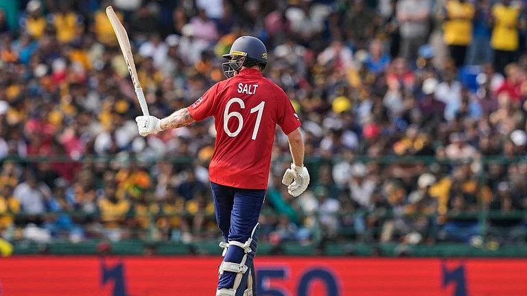 England's Phil Salt celebrates his fifty runs during the T20 World Cup cricket match between Sri Lanka and England in Pallekele, Sri Lanka, Sunday, Feb. 22, 2026. - AP Photo/Eranga Jayawardena