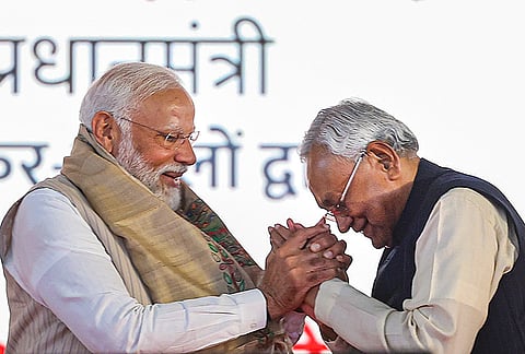 Prime Minister Narendra Modi being greeted by Bihar Chief Minister Nitish Kumar during a public meeting, in Begusarai, in this March 2, 2024 file image. 