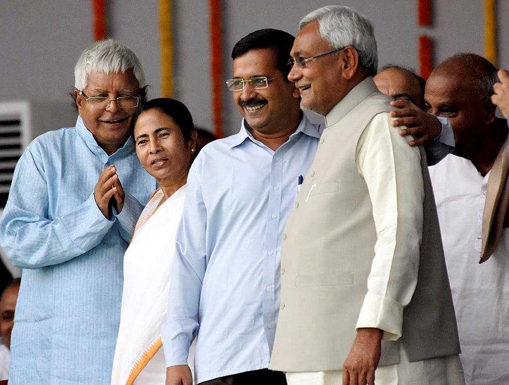 RJD chief Lalu Prasad, Minister Mamata Banerjee, Arvind Kejriwal and Bihar CM Nitish Kumar 