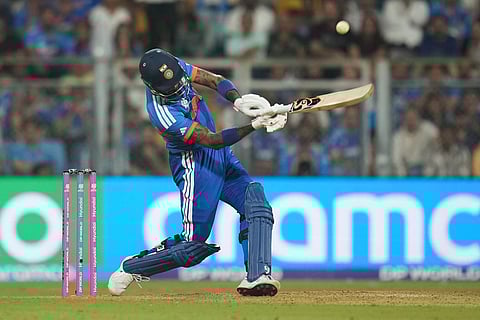 India's Hardik Pandya plays a shot during the T20 World Cup cricket semi-final match between India and England in Mumbai, India.