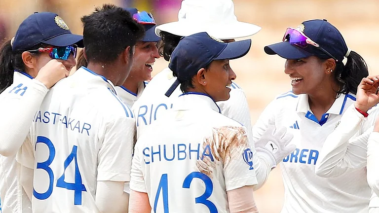 India women's cricketers in action in Test match against South Africa. - BCCIWomen/X