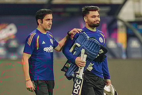 India's head coach Gautam Gambhir, left, with Rinku Singh during a training session ahead of the ICC Men's T20 World Cup 2026 semi-final cricket match between India and England, in Mumbai.