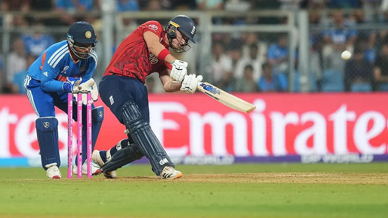 England's Jacob Bethell plays a shot during the T20 World Cup cricket semi-final match between India and England in Mumbai, India, Thursday, March 5, 2026. - AP Photo/Rafiq Maqbool